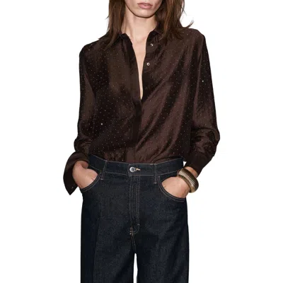 Mango Rhinestone Satin Button-up Shirt In Brown