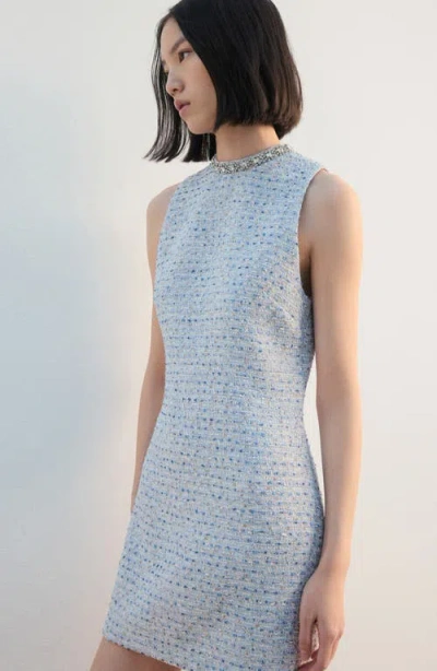 Mango Rhinestone Sleeveless Tweed Dress In Blue