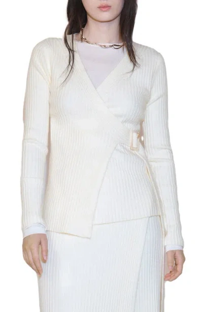Mango Rib Buckle Wrap Cardigan In Ecru
