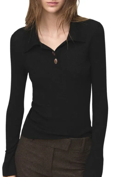 Mango Rib Fluted Long Sleeve Polo Sweater In Black