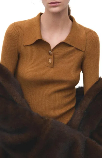 Mango Rib Fluted Long Sleeve Polo Sweater In Brown