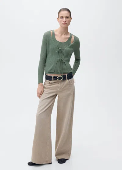 Mango Rib-knit Cardigan With Bows Green