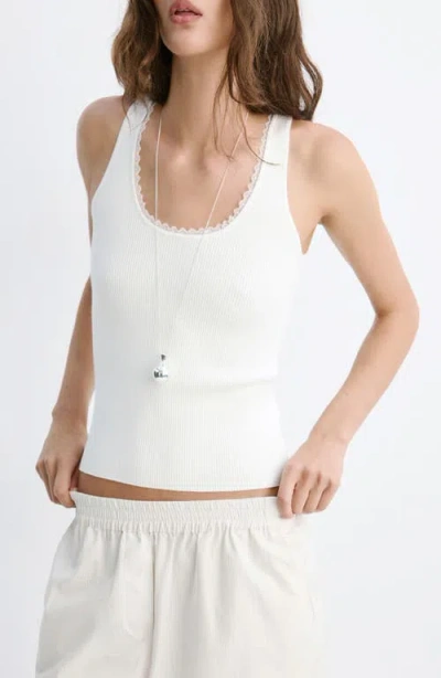 Mango Rib Knit Lace Trim Scoop Neck Tank In White