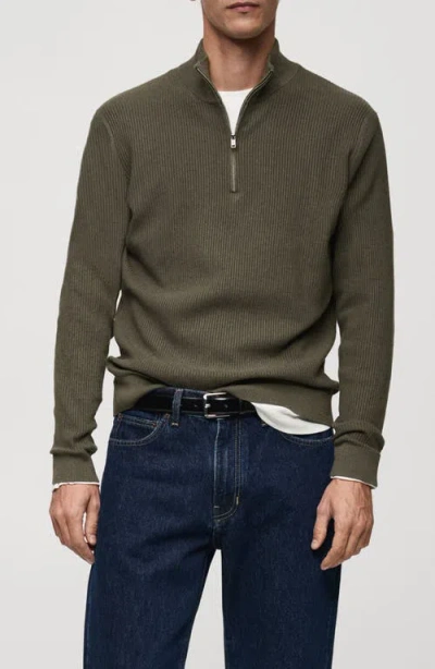 Mango Rib Knit Quarter Zip Sweater In Khaki Green