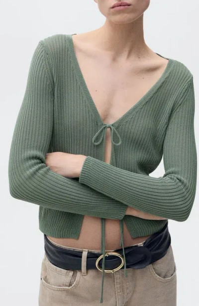 Mango Rib Tie Front Cotton Blend Cardigan