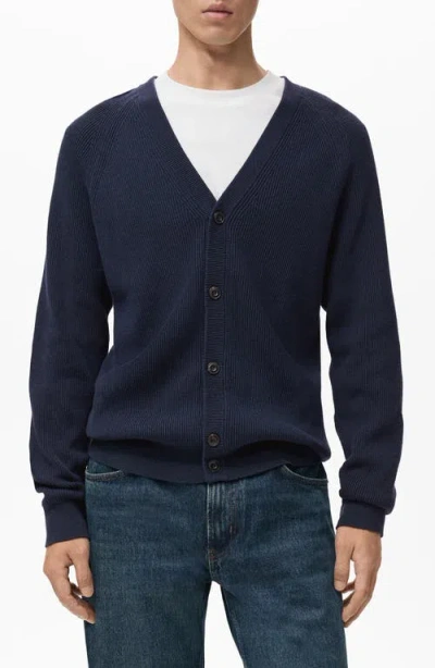 Mango Ribbed Cotton Blend Cardigan In Blue