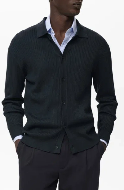Mango Ribbed Full Button Cardigan In Black