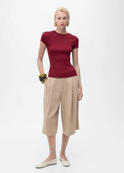Mango Ribbed Knit Short-sleeve Jumper Red In Burgundy