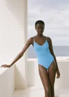 Shop Mango Textured Swimsuit With Straps Sky Blue