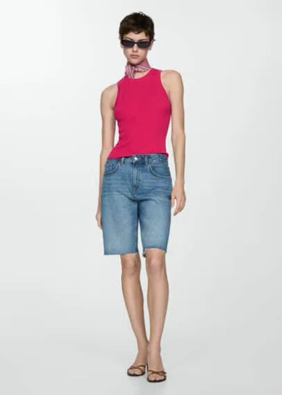 Mango Ribbed Knit Top Fuchsia