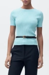 Mango Ribbed Short Sleeve Sweater With Back Opening In Turquoise