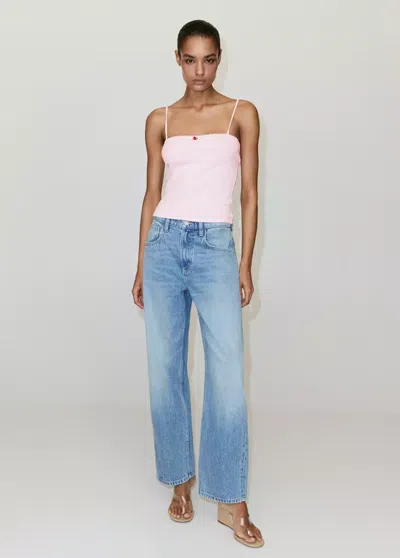 Mango Ribbed Top With Embroidered Rose In Pastel Pink