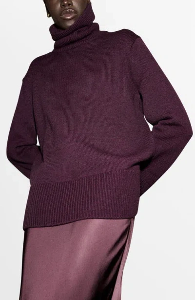 Mango Ribbed Trim Turtleneck Sweater In Purple