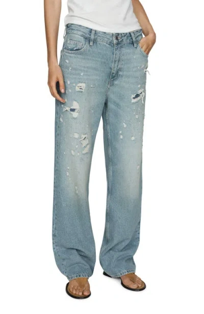 Mango Ripped Straight Leg Jeans In Medium Blue