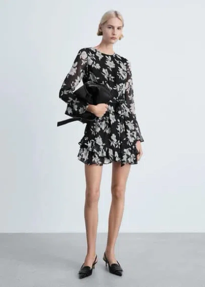 Mango Ruffled Floral Print Dress Black In Noir