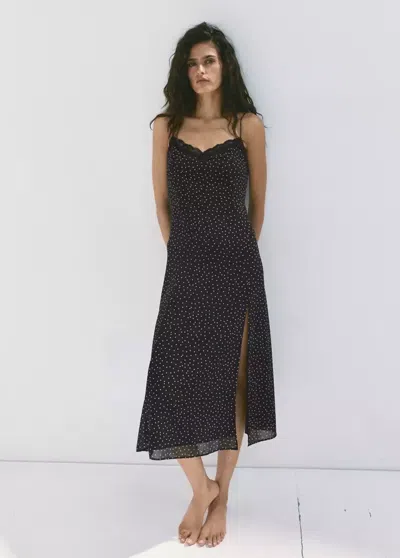 Mango Robe À Pois Avec Détail En Dentelle In Black