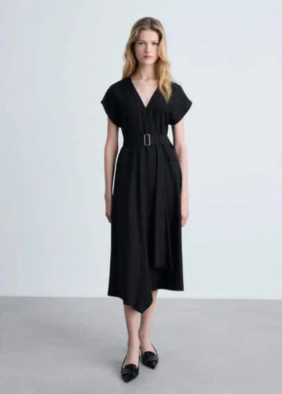 Mango Asymmetrical Dress With Belt Black In Noir