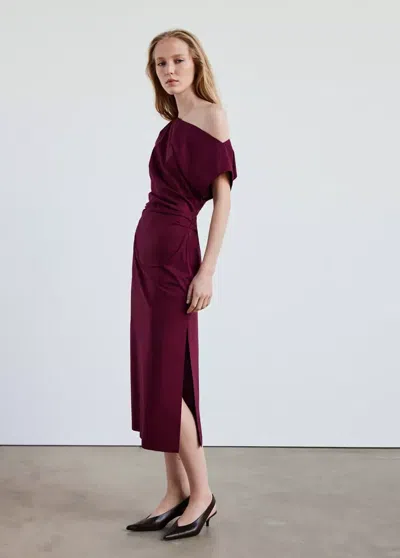 Mango Robe Asymétrique Froncée In Bordeaux