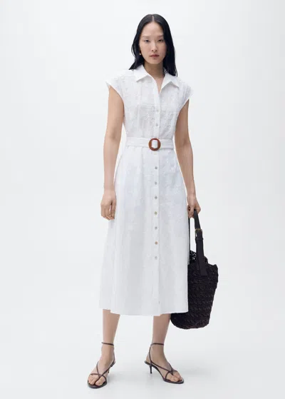 Mango Embroidered Shirt Dress With Belt White