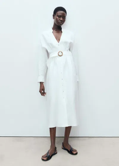 Mango Belted Long Sleeve Linen Shirtdress In White