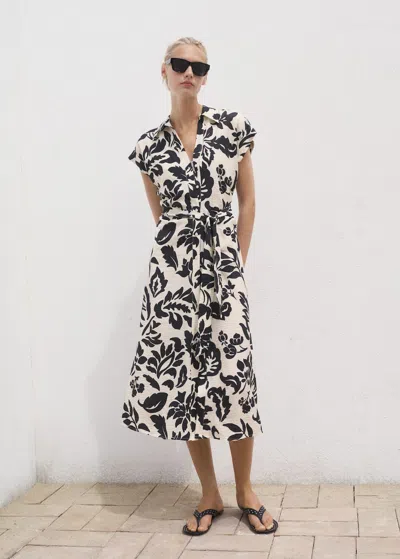 Mango Floral Print Shirt Style Dress Off White