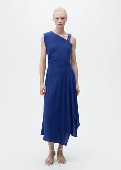 Mango Asymetric Midaxi Dress With Buckle Detail Shoulder In Bleu