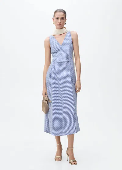 Mango Striped Flared Midi Dress Blue