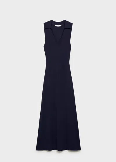 Mango Lapel Knitted Midi Dress Dark Navy