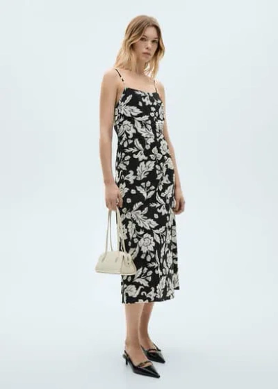 Mango Flower Print Strapless Dress Black