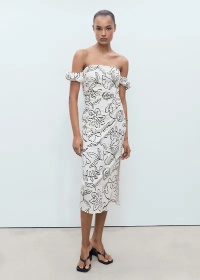 Mango Strapless Floral Dress Off White
