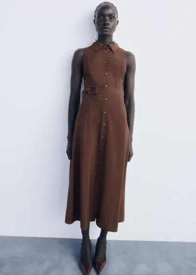 Mango Belt Shirt Dress In Brown