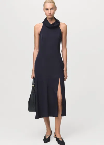 Mango Draped Neck Dress With Opening Navy In Black