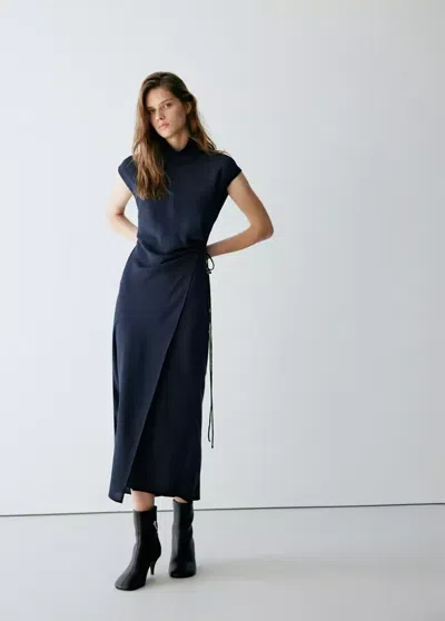Mango Robe Col Montant Croisé In Bleu Marine Foncé