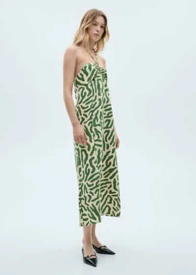 Mango Frill Cotton Dress Green In Vert