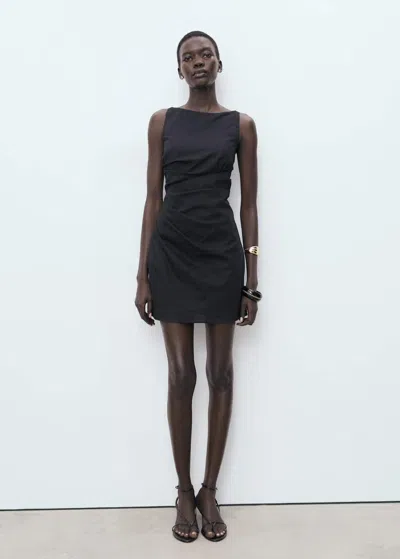 Mango Linen Cotton Blend Draped Dress Black
