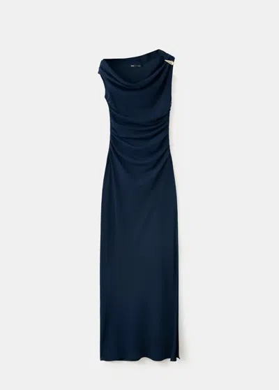 Mango Robe Drapée Broche In Bleu Marine Foncé