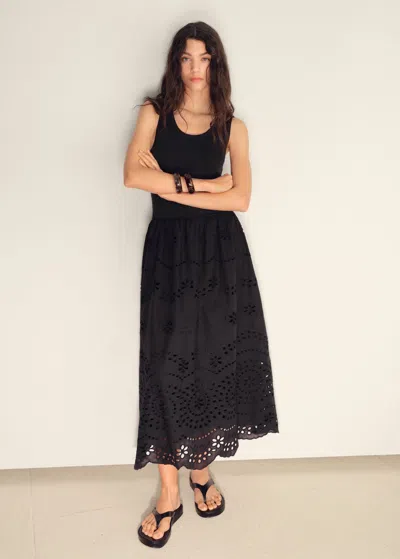 Mango Cotton Dress With Openwork Embroidery Black