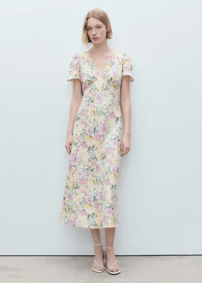 Mango Floral Linen-blend Dress Ecru In Écru