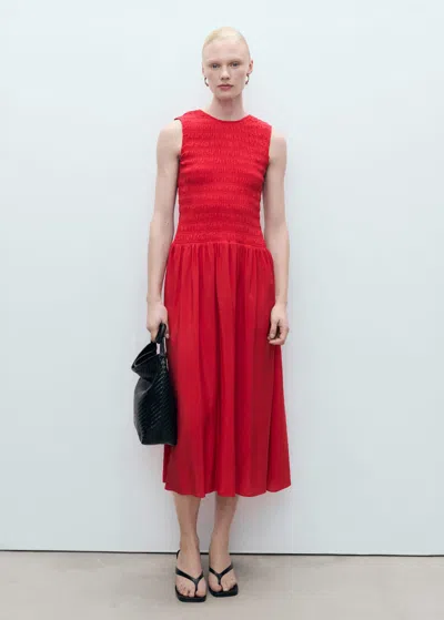 Mango Maya Shirred Sleeveless Flare Midi Dress In Red