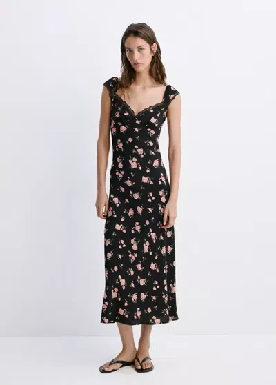 Mango Robe Fleurie Détail Dentelle In Multi