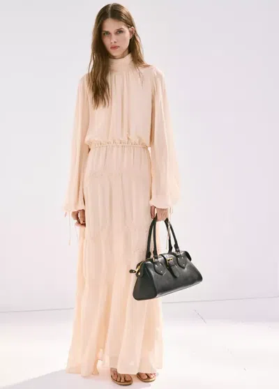 Mango Flowing Dress With Embroidered Details In Pale Pink