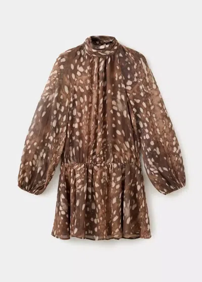 Mango Robe Imprimée Col Montant In Marron