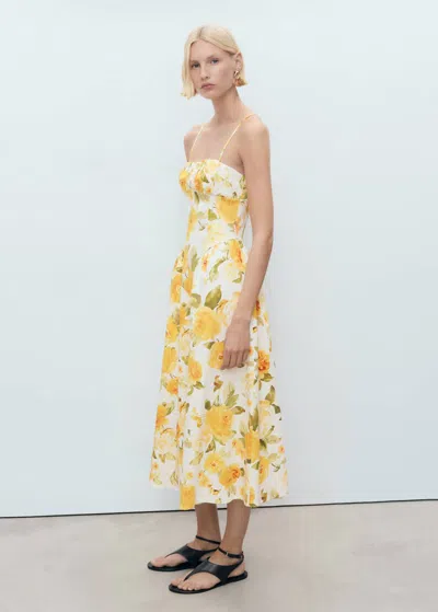 Mango Floral Midi-dress With Gathered Neckline Yellow