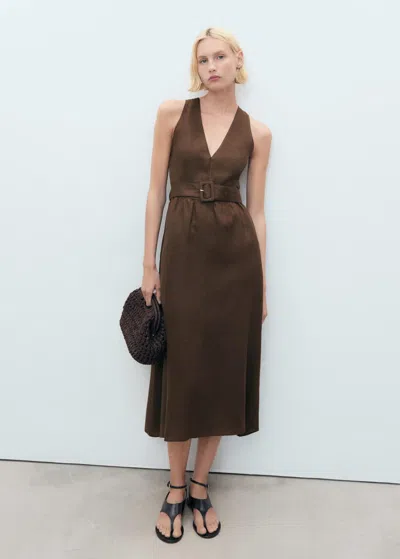 Mango Robe Lin Ceinture Marron - Femme - L -