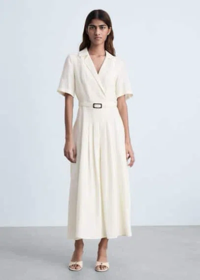 Mango Robe Lin Ceinture Vanille - Femme - Xl -