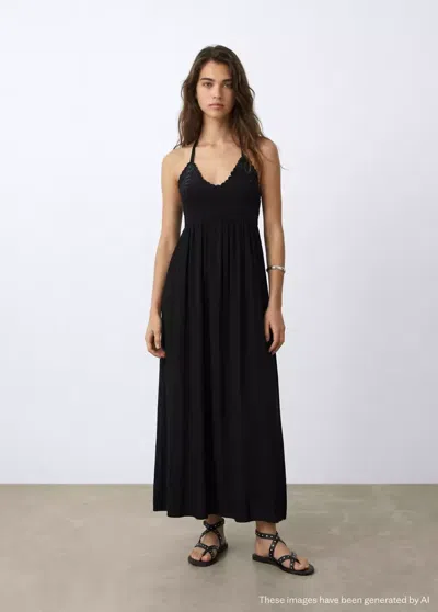 Mango Robe Longue Avec Détail En Crochet In Black