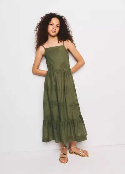 Mango Kids' Long Dress With Embroidered Palm Trees In Khaki