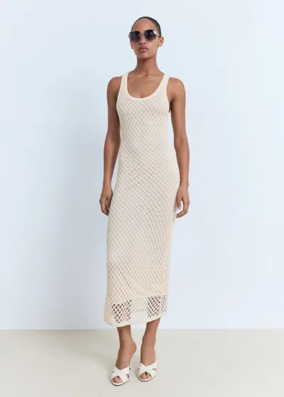Mango Crochet Long Dress Ecru In Sand