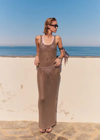 Mango Crochet Long Dress Medium Brown