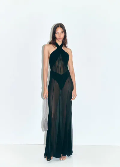 Mango Robe Longue Semi-transparente À Col Croisé Noir - Femme - L -  In Black
